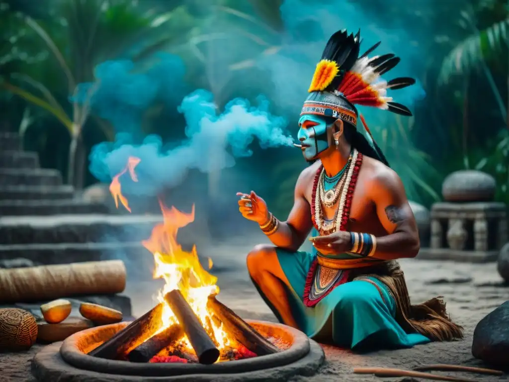 Un chamán maya realiza un ritual ancestral junto a una fogata en la jungla, rodeado de ruinas antiguas