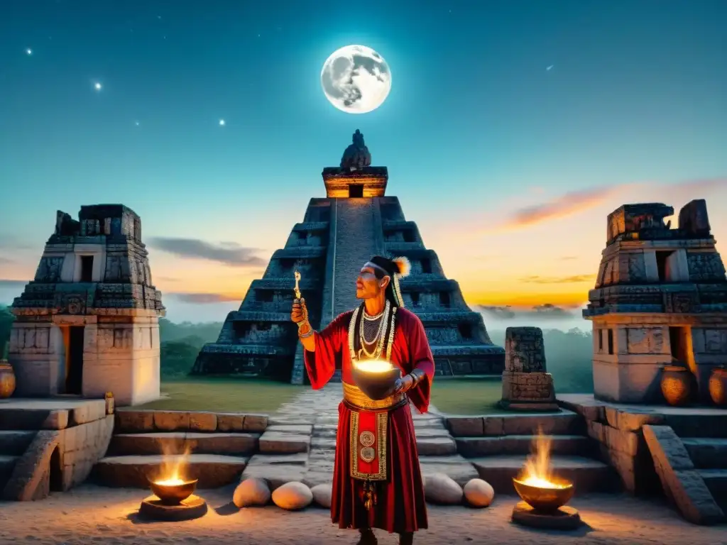 Un chamán maya realiza un ritual astral antiguo bajo un cielo estrellado, invocando los espíritus cósmicos