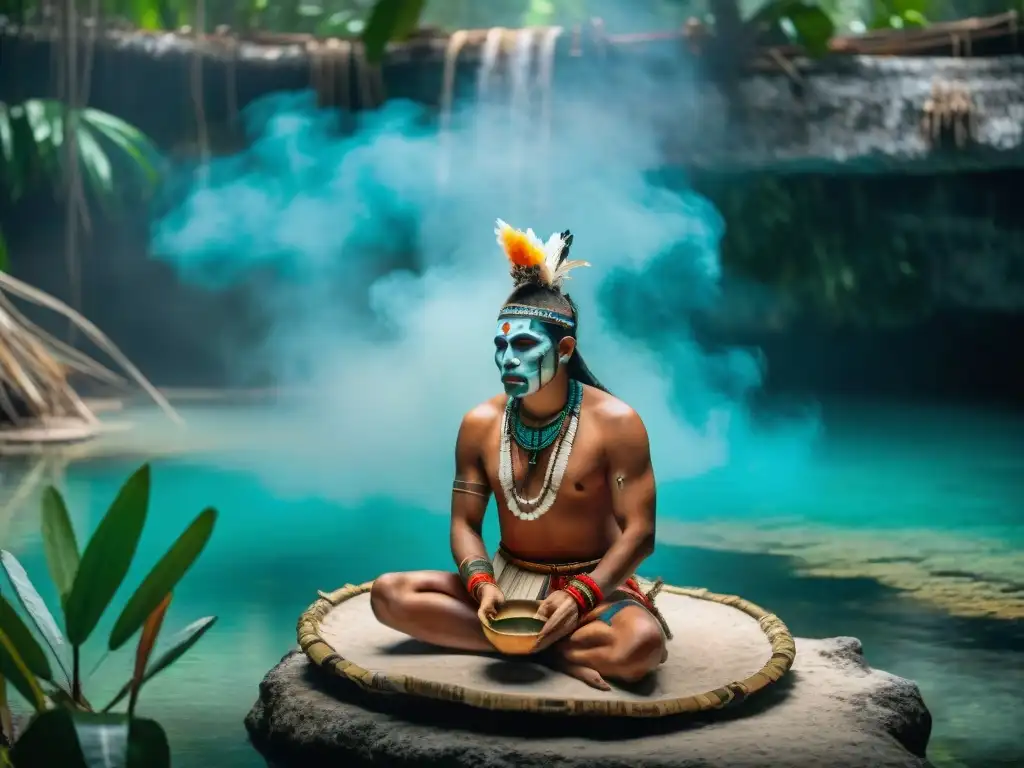 Un chamán maya realizando un ritual de purificación en un cenote sagrado, rodeado de exuberante vegetación, con una atmósfera mística al amanecer