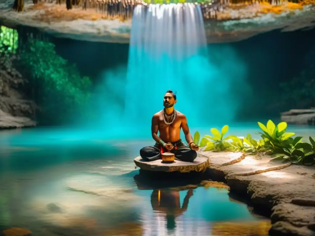 Un chamán maya realiza un ritual de purificación en un cenote, rodeado de exuberante vegetación, reflejando colores vibrantes