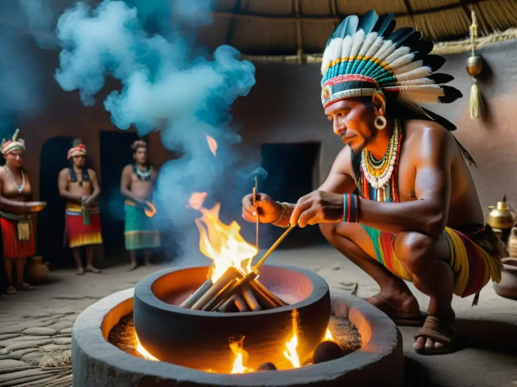 Un chamán maya realiza un ritual para bendecir chicha casera en una cabaña iluminada por velas, rodeado de la comunidad