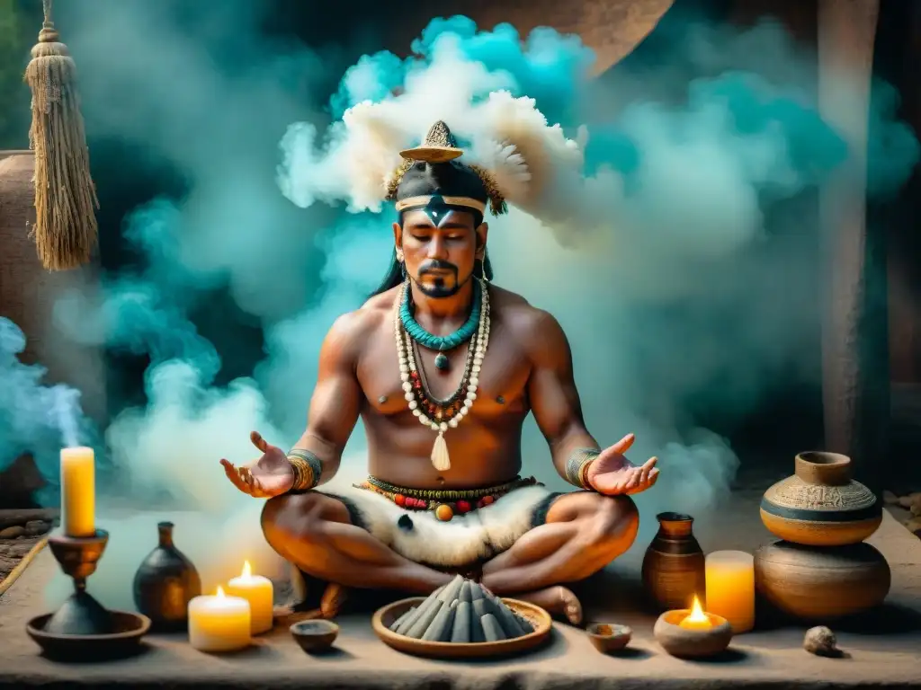 Un chamán maya realizando un ritual de purificación con copal, rodeado de objetos sagrados y humo aromático, capturando la esencia espiritual