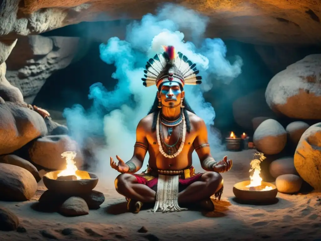 Ritual chamánico maya: conexión espiritual en la cueva Un chamán maya realizando un ritual en una cueva iluminada por velas, invocando espíritus con humo de colores