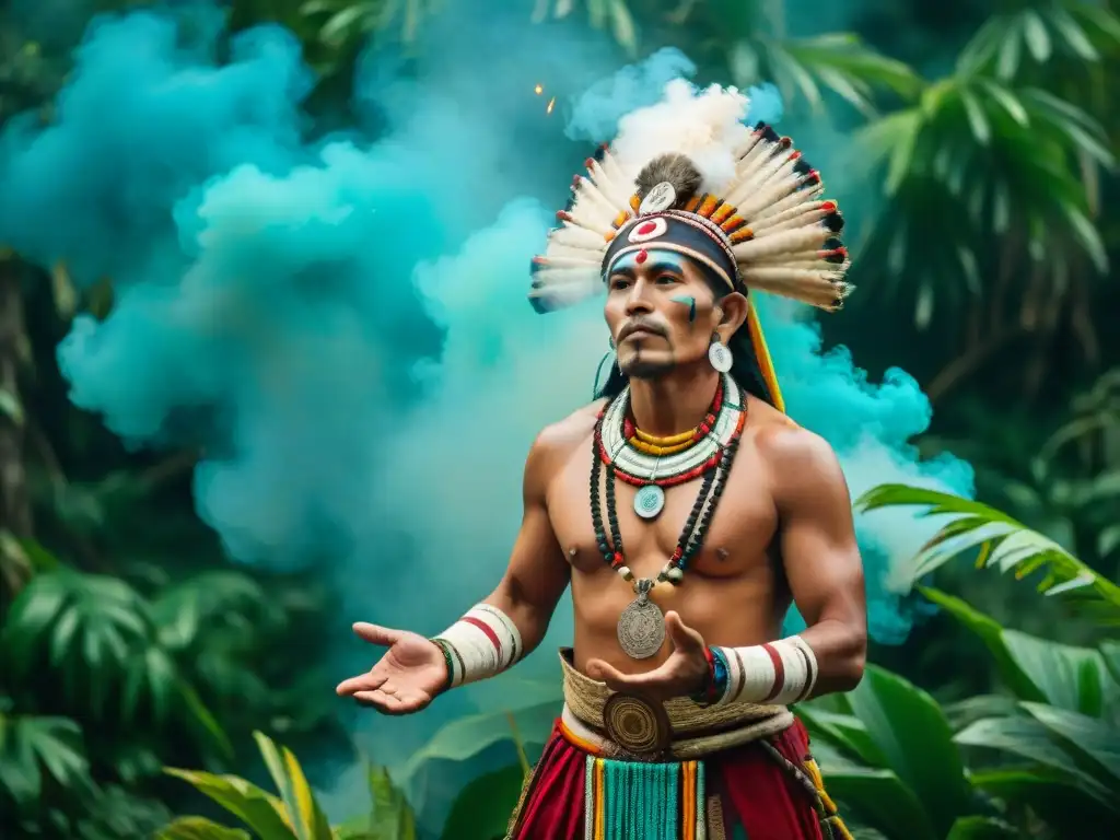 Un chamán maya realiza un ritual espiritual en la selva guatemalteca, rodeado de humo de copal y ruinas antiguas