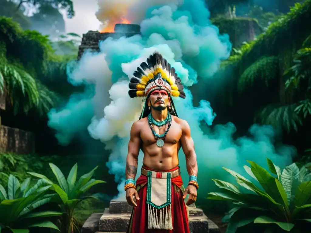 Un chamán maya realizando un ritual espiritual en la selva, con colores vibrantes y ruinas antiguas