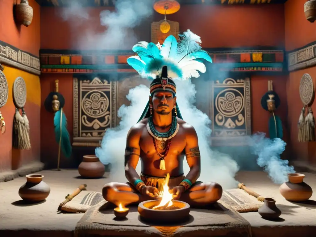 Un chamán maya realiza un ritual espiritual en un templo decorado, con plumas y joyas vibrantes, rodeado de humo de copal