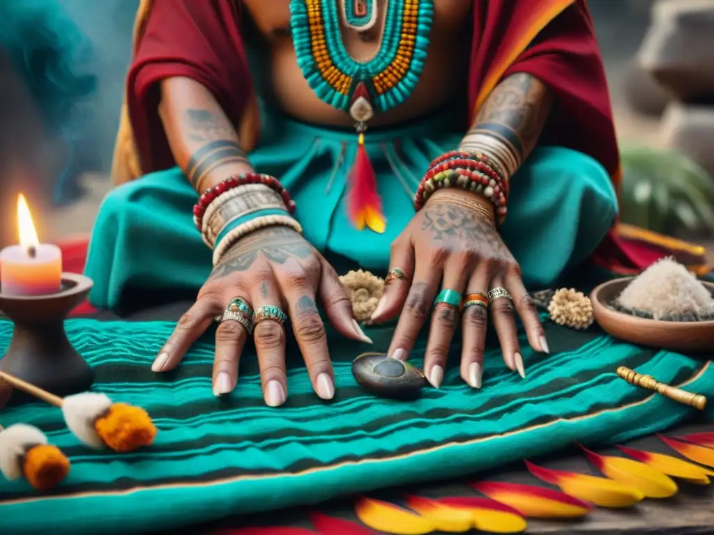 Un chamán maya realiza un ritual espiritual con plumas y hierbas en un altar tejido, en un espacio lleno de humo de copal