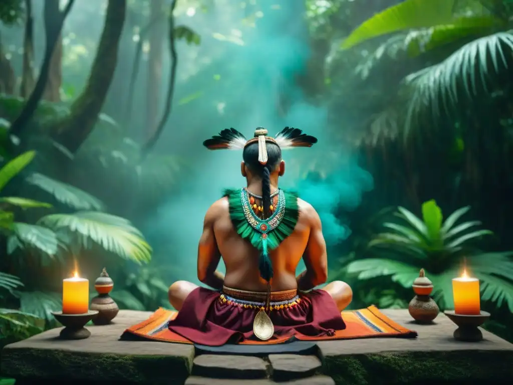 Shamán maya en ritual espiritual en la selva Un chamán maya realiza un ritual espiritual en la selva