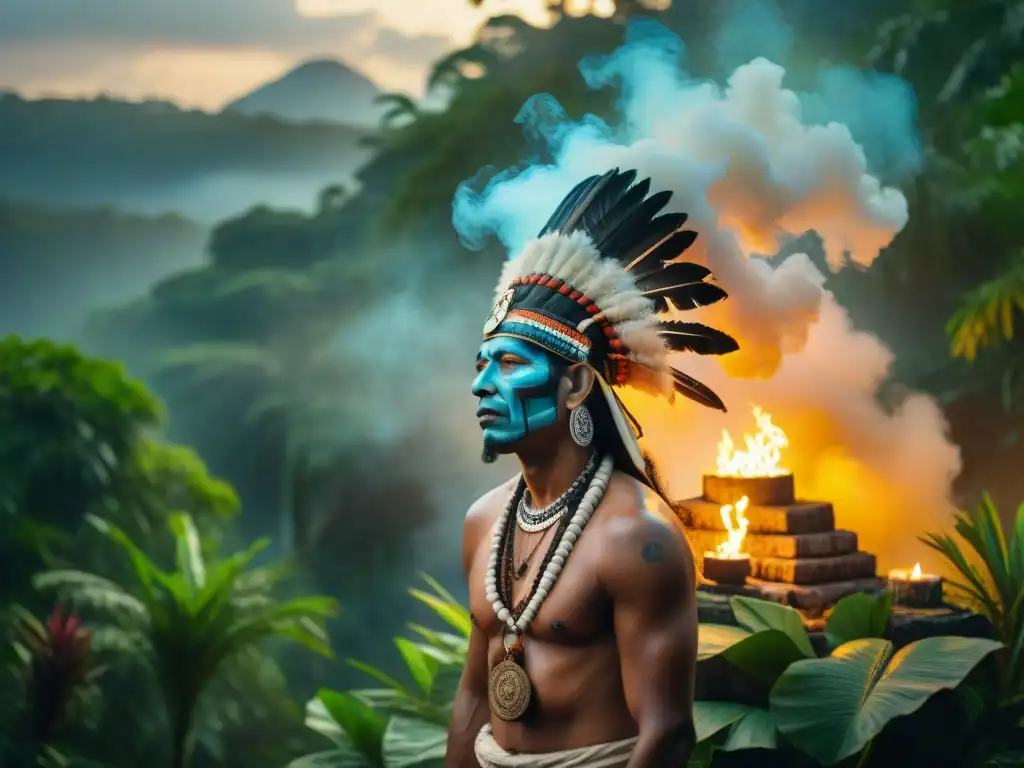 Shamán maya en ceremonia espiritual al amanecer Un chamán maya en un ritual espiritual al amanecer en la jungla