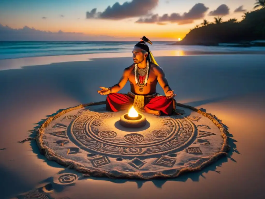 Un chamán maya realiza un ritual espiritual en la playa al atardecer, rodeado de símbolos sagrados mientras caribeños observan respetuosamente