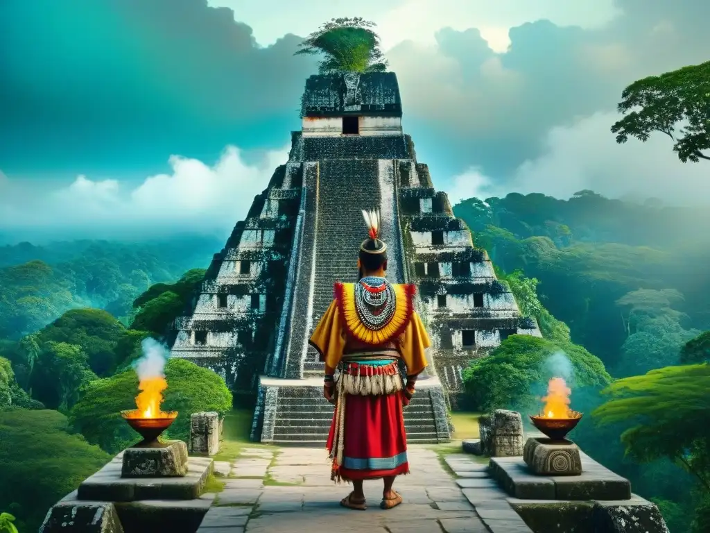 Un chamán maya realiza un ritual en Tikal, Guatemala, entre la exuberante vegetación y ruinas antiguas