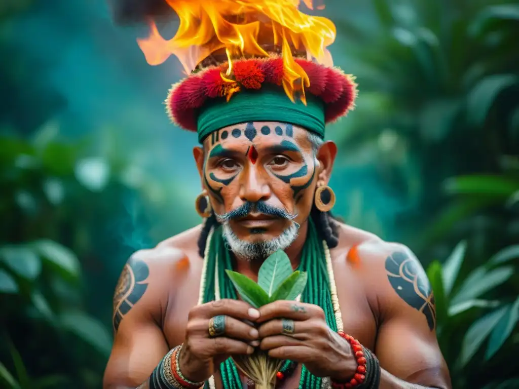 Un chamán maya realiza un ritual de fuego al atardecer, con colores vibrantes y una luz cálida