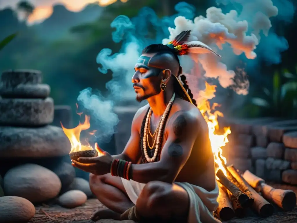 Un chamán maya realiza un ritual de fuego al atardecer, rodeado de llamas y humo, con traje ceremonial iluminado por el fuego