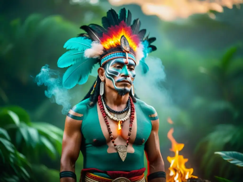 Un chamán maya realizando un ritual de fuego en la selva, con vestimenta colorida y símbolos sagrados