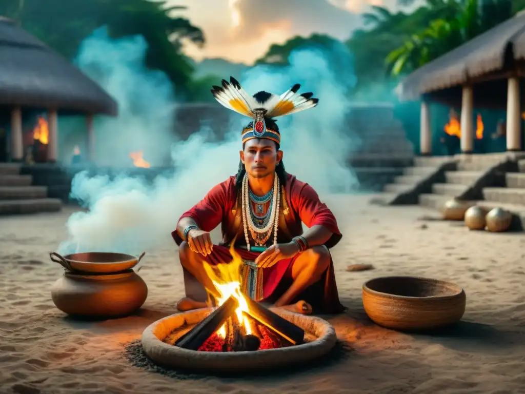 Un chamán maya en ritual con fuego sagrado, rodeado de símbolos y artefactos, capturando la esencia del significado del Fuego Sagrado Maya