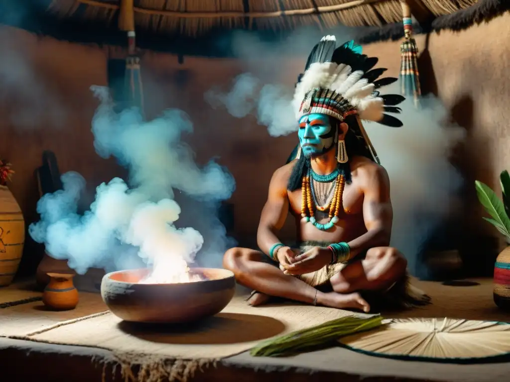 Un chamán maya realiza un ritual de purificación con humo y hierbas en una choza de paja, creando una atmósfera mística