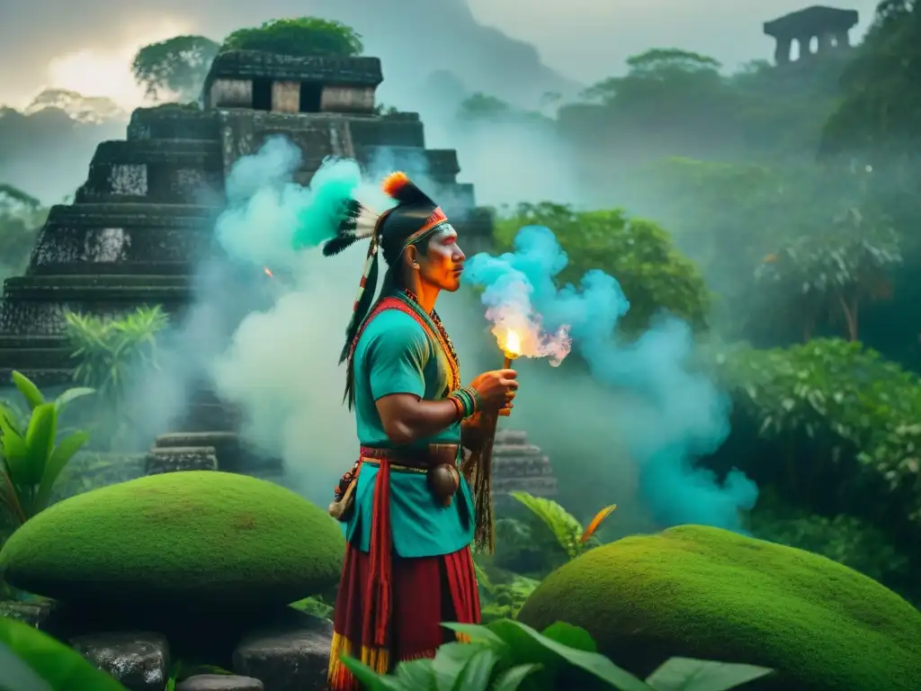 Un chamán maya realiza un ritual con incienso de copal en la selva, rodeado de ruinas antiguas y símbolos místicos