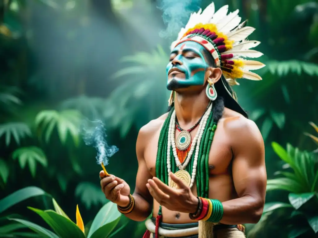 Un chamán maya realiza un ritual con incienso de copal en la mano, rodeado de plantas sagradas y flores coloridas en la selva