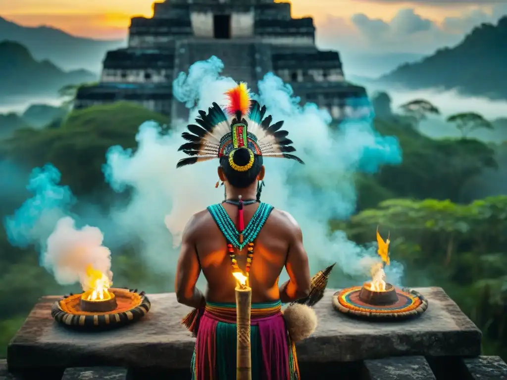 Shamán maya en ritual al amanecer Un chamán maya realiza un ritual en la jungla de Guatemala al amanecer, rodeado de antorchas y un templo antiguo