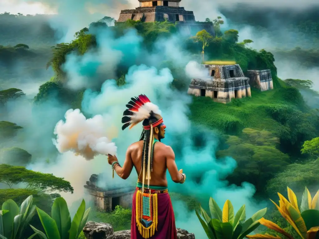 Ritual de limpieza maya: chamán entre la selva y ruinas Un chamán maya realiza un ritual de limpieza con humo en la exuberante selva, transmitiendo una conexión espiritual profunda