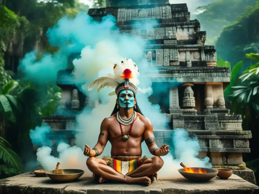 Hechizo maya: ritual de limpieza en la selva Un chamán maya realiza un ritual de limpieza con humo y hierbas ante un templo antiguo en la selva, en una experiencia bienestar turismo cultural maya