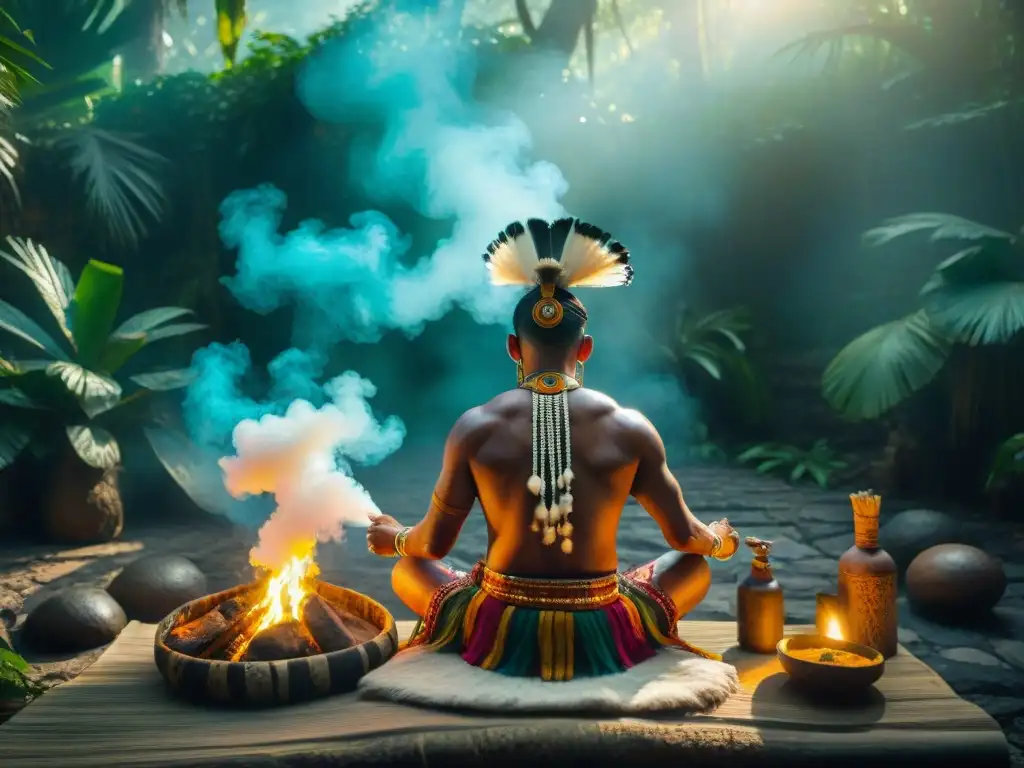 Un chamán maya realiza un ritual de limpieza en la selva, rodeado de símbolos y humo de copal al atardecer