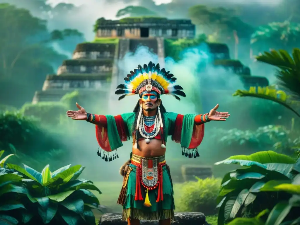 Un chamán maya realiza un ritual de lluvia en la selva, con plumas y ruinas antiguas al fondo