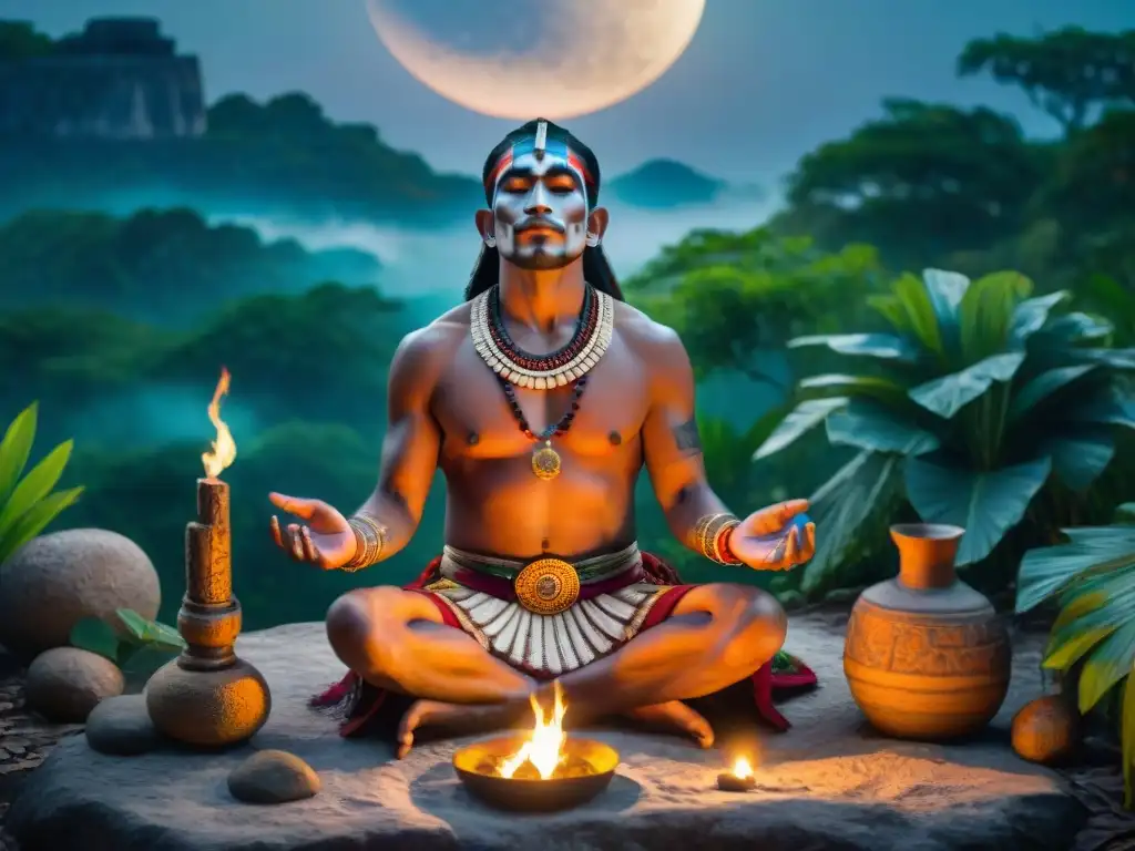 Chamán Maya en ritual divinatorio bajo luna llena Un chamán maya realiza un ritual de adivinación bajo la luna llena en la selva