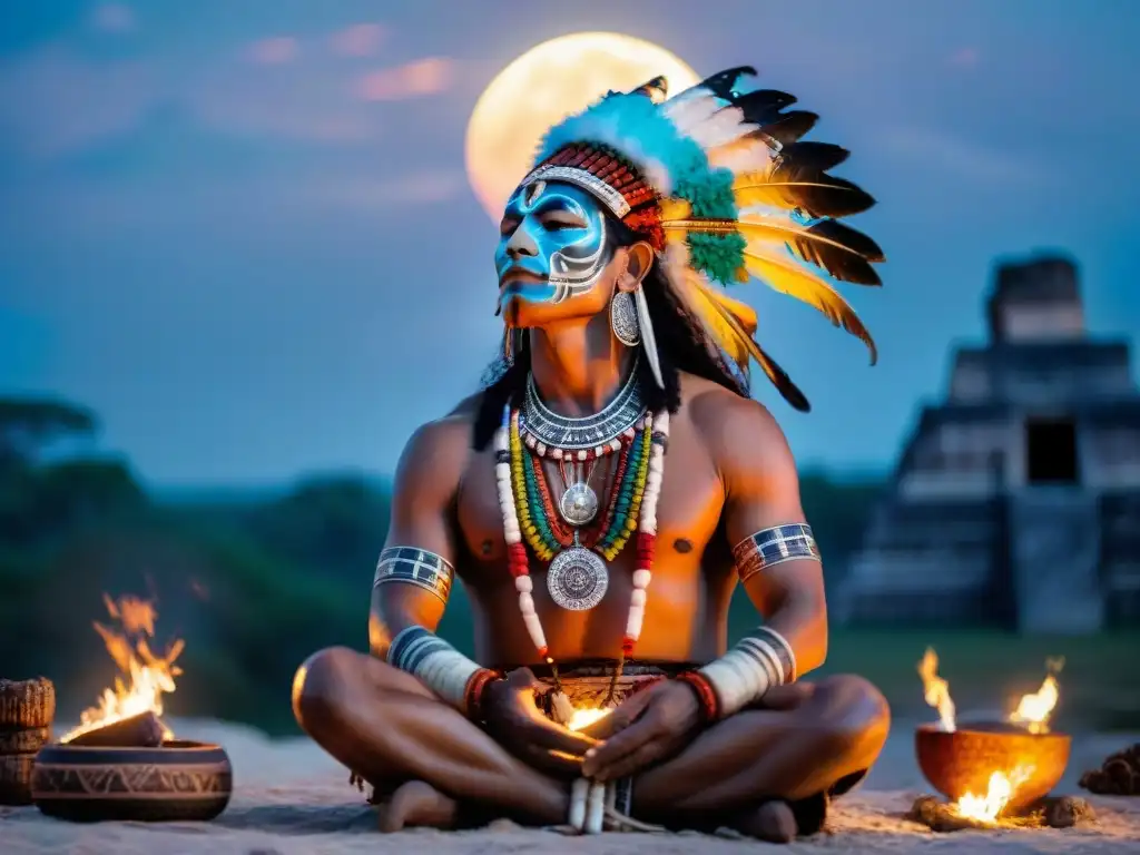 Un chamán maya realiza un ritual bajo la luna, rodeado de antorchas y ruinas, en un escenario místico que evoca los Rituales mayas con luna