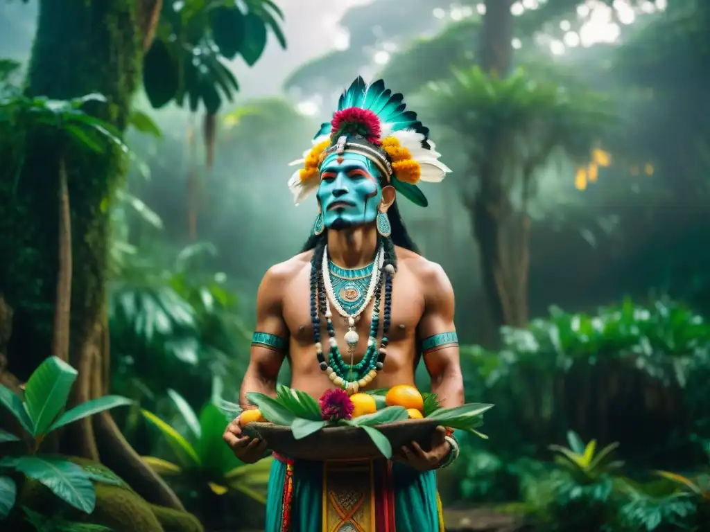 Un chamán maya realiza un ritual bajo la luz dorada del atardecer en la selva