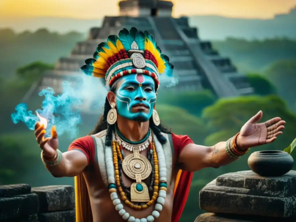 Un chamán maya realiza un ritual matutino entre ruinas antiguas y exuberante vegetación, conectando con la energía cósmica