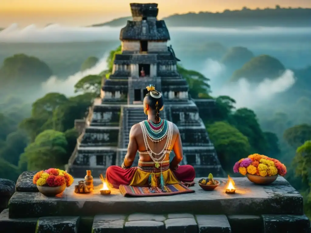 Un chamán maya realiza un ritual matutino en Tikal con energía cósmica