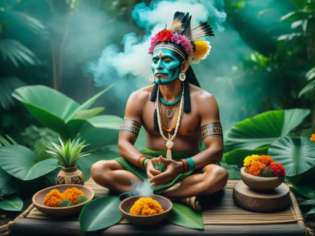 Un chamán maya realiza un ritual con plantas medicinales, rodeado de exuberante vegetación