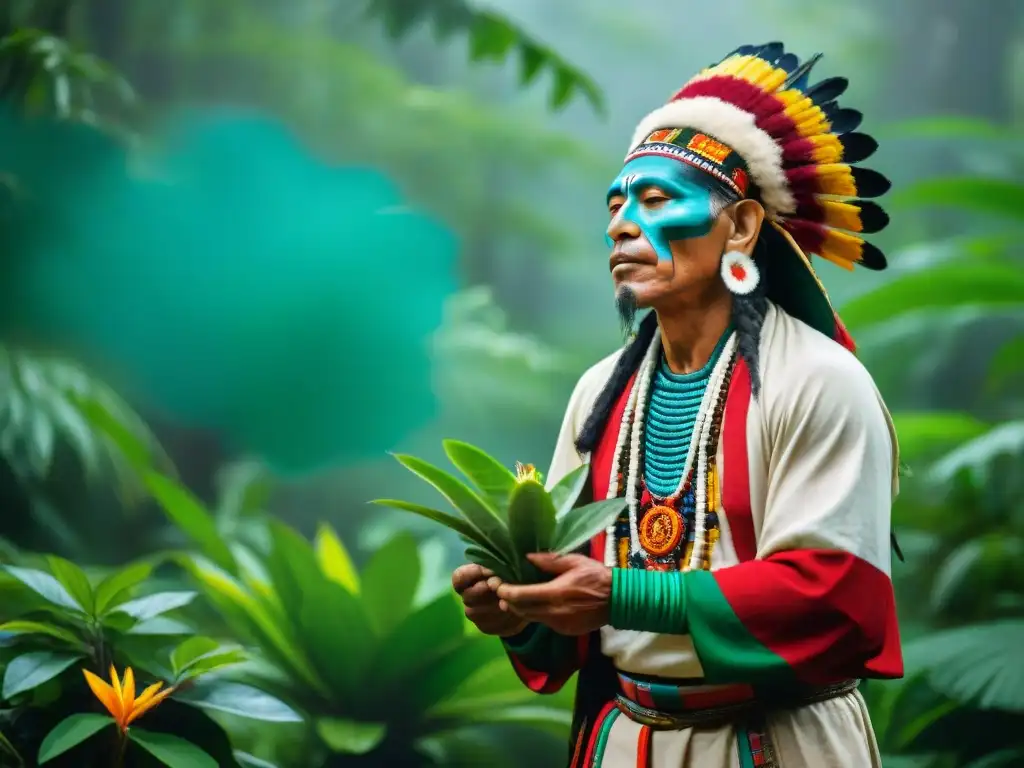 Un chamán maya en ritual con plantas medicinales, reflejando la riqueza cultural y espiritualidad de la cultura maya