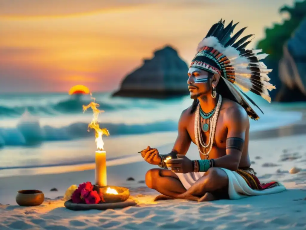 Un chamán maya realiza un ritual en la playa al atardecer, rodeado de elementos ceremoniales