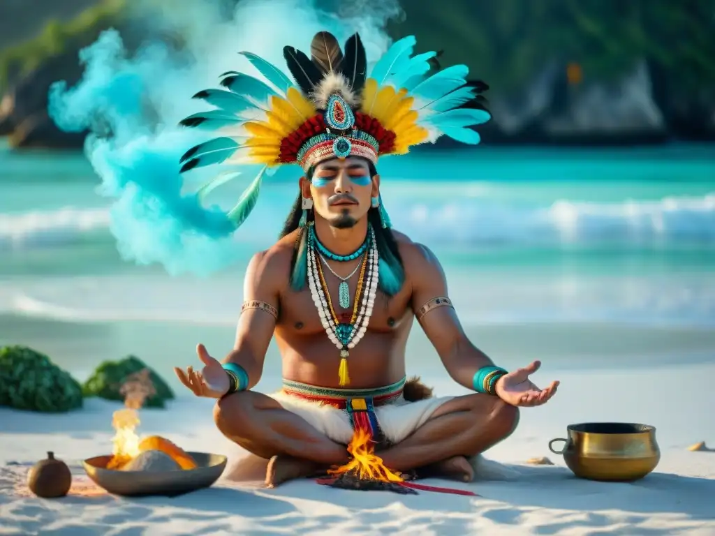 Un chamán maya realiza un ritual en una playa caribeña al amanecer, rodeado de plumas y creencias mayas caribeñas