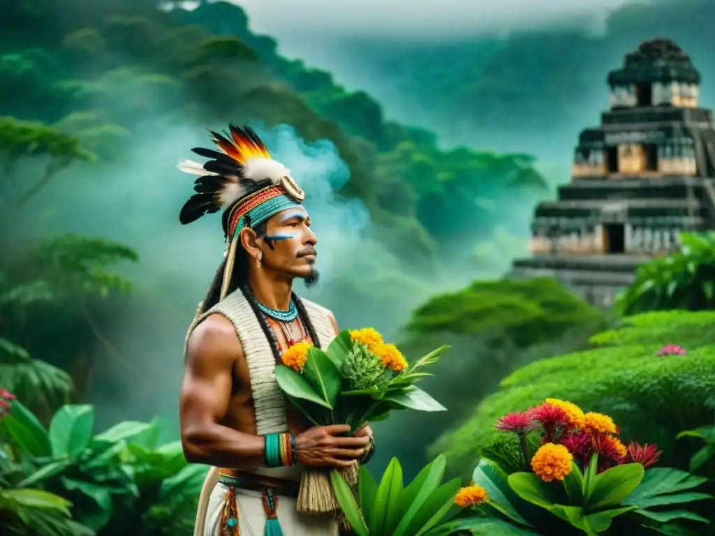 Un chamán maya realiza un ritual rodeado de exuberante jungla y plantas de variadas formas y tamaños