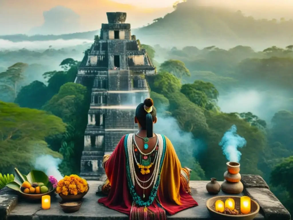 Un chamán maya en un ritual al amanecer en Tikal, rodeado de ofrendas y la selva brumosa