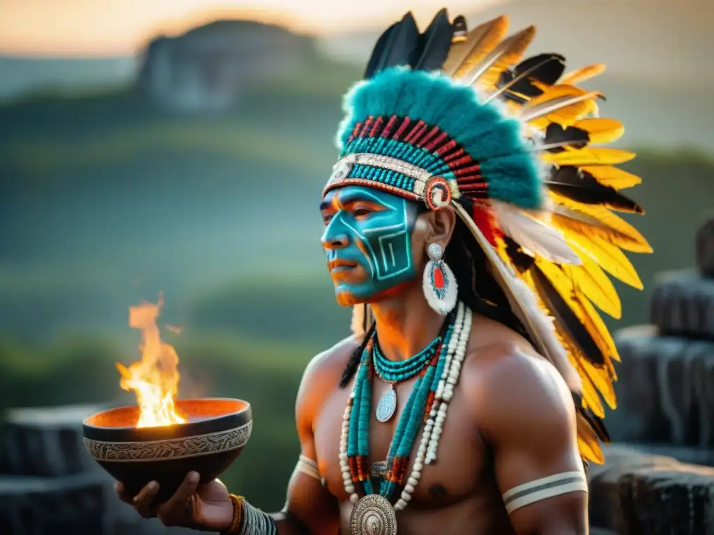 Un chamán maya realiza un ritual en ruinas antiguas al atardecer, con vestimenta ceremonial Maya auténtica