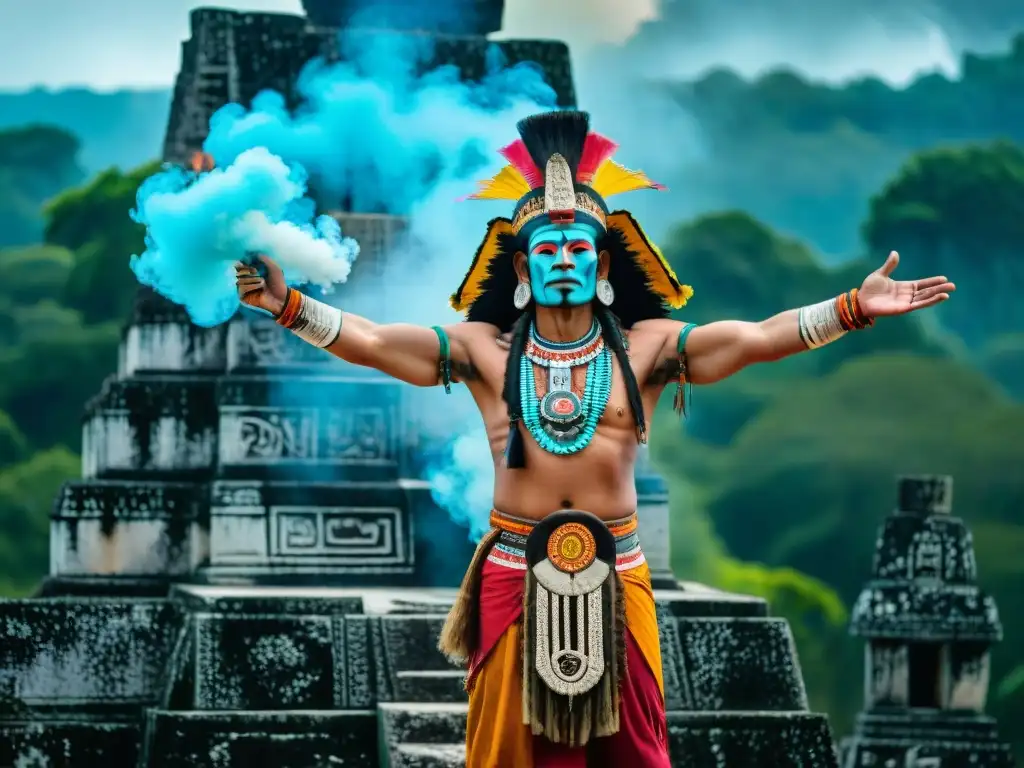 Un chamán maya realiza un ritual sagrado en Tikal, entre jeroglíficos y colores vibrantes