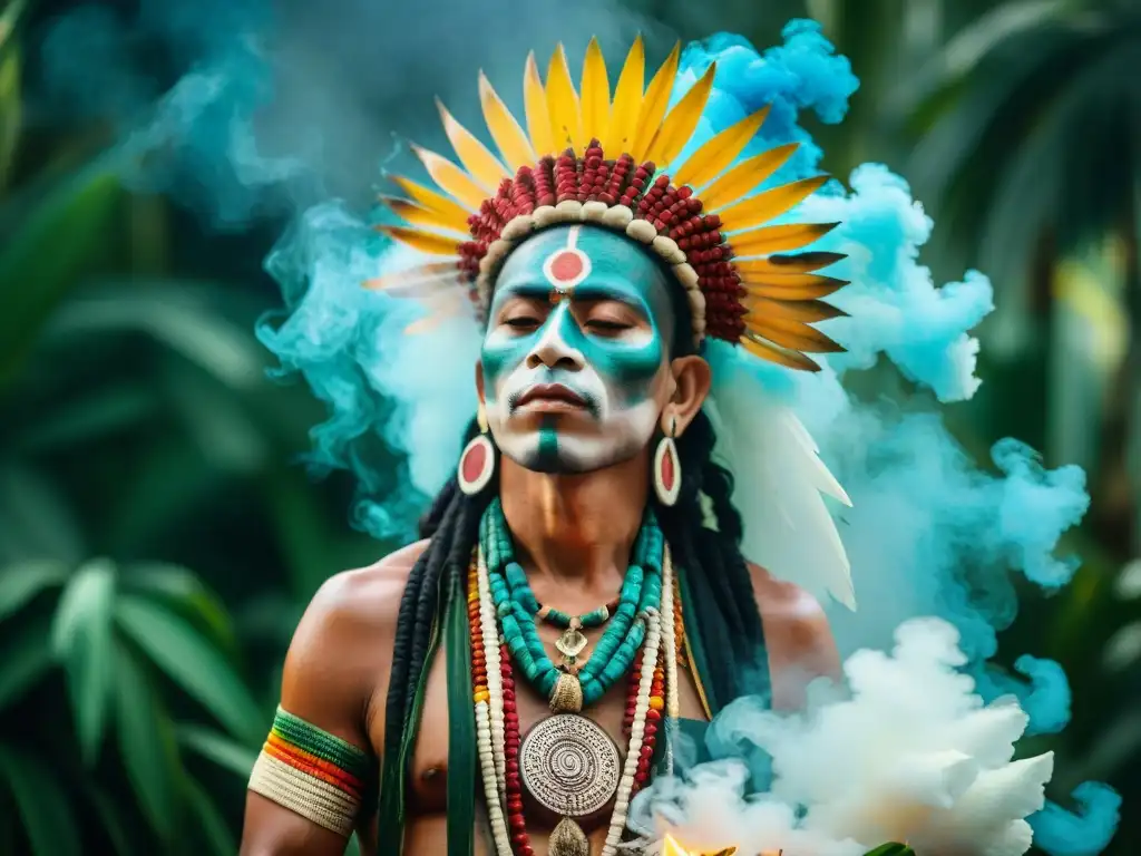 Un chamán maya realiza un ritual sagrado con maguey, rodeado de humo de copal en la selva