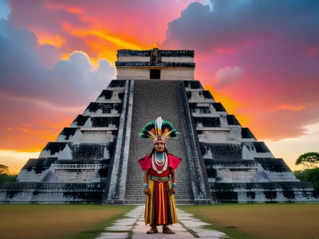 Un chamán maya realiza un ritual sagrado al anochecer frente a una pirámide antigua, con la luz del sol creando un ambiente místico