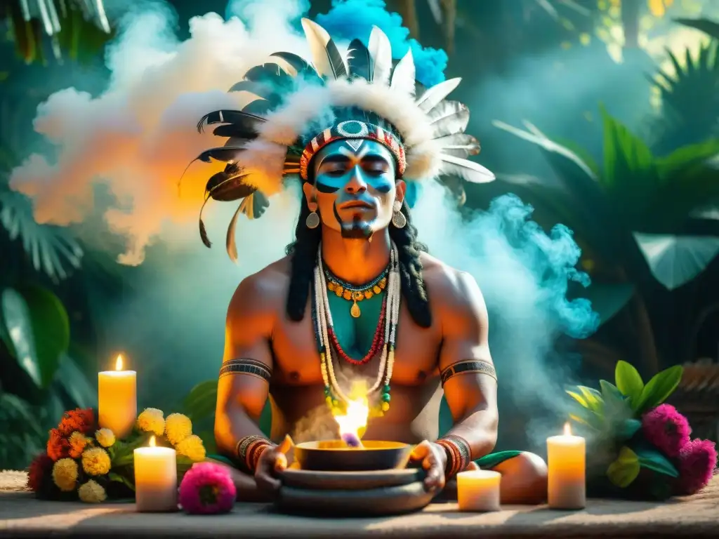 Un chamán maya realiza un ritual sagrado entre flores y hierbas, invocando las bebidas sagradas mayas espirituales