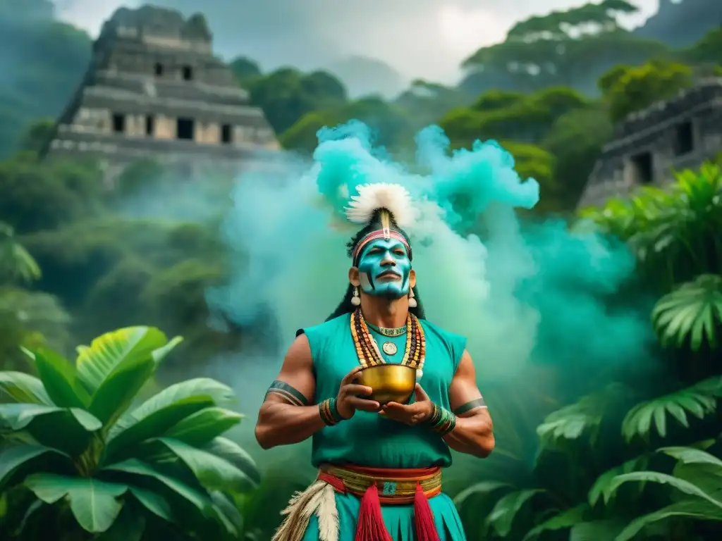 Un chamán maya realiza un ritual sagrado con incienso de copal y bebidas sagradas mayas espirituales, rodeado de exuberante vegetación y ruinas