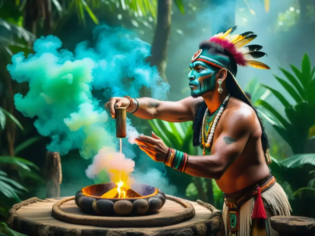 Un chamán maya en ritual sagrado entre ruinas y selva, preparando bebida ceremonial