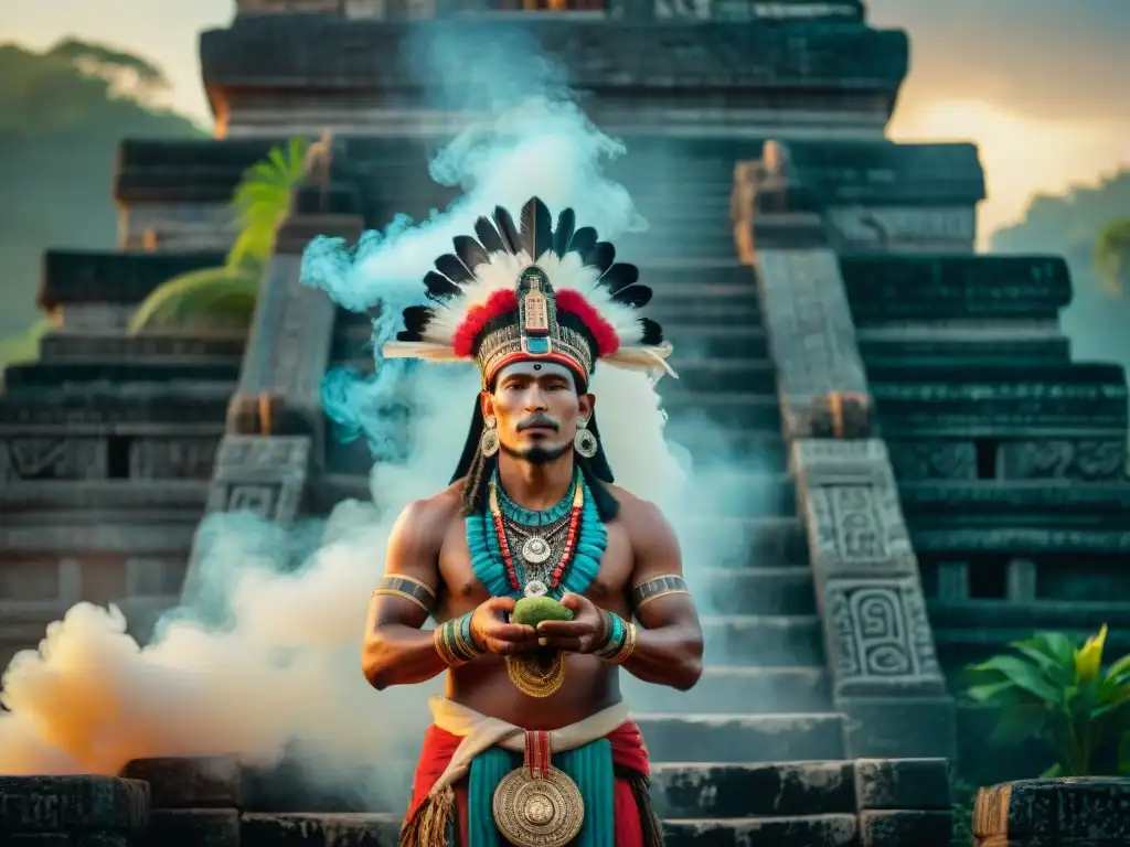 Un chamán maya realiza un ritual sagrado al amanecer en un templo antiguo, con vestimenta ceremonial