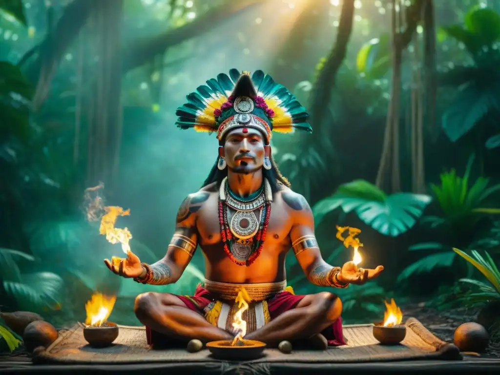 Un chamán maya realiza un ritual sagrado al amanecer en la selva, rodeado de elementos místicos y ofrendas florales