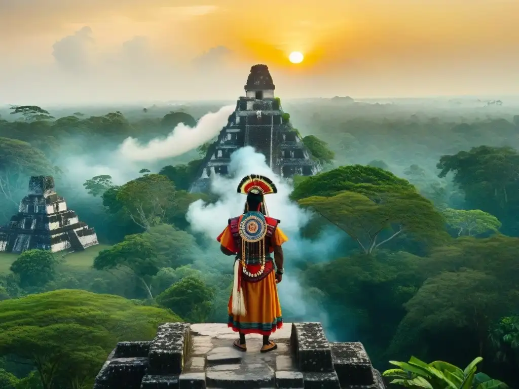 Un chamán maya realiza un ritual sagrado al amanecer en Tikal, envuelto en humo de copal