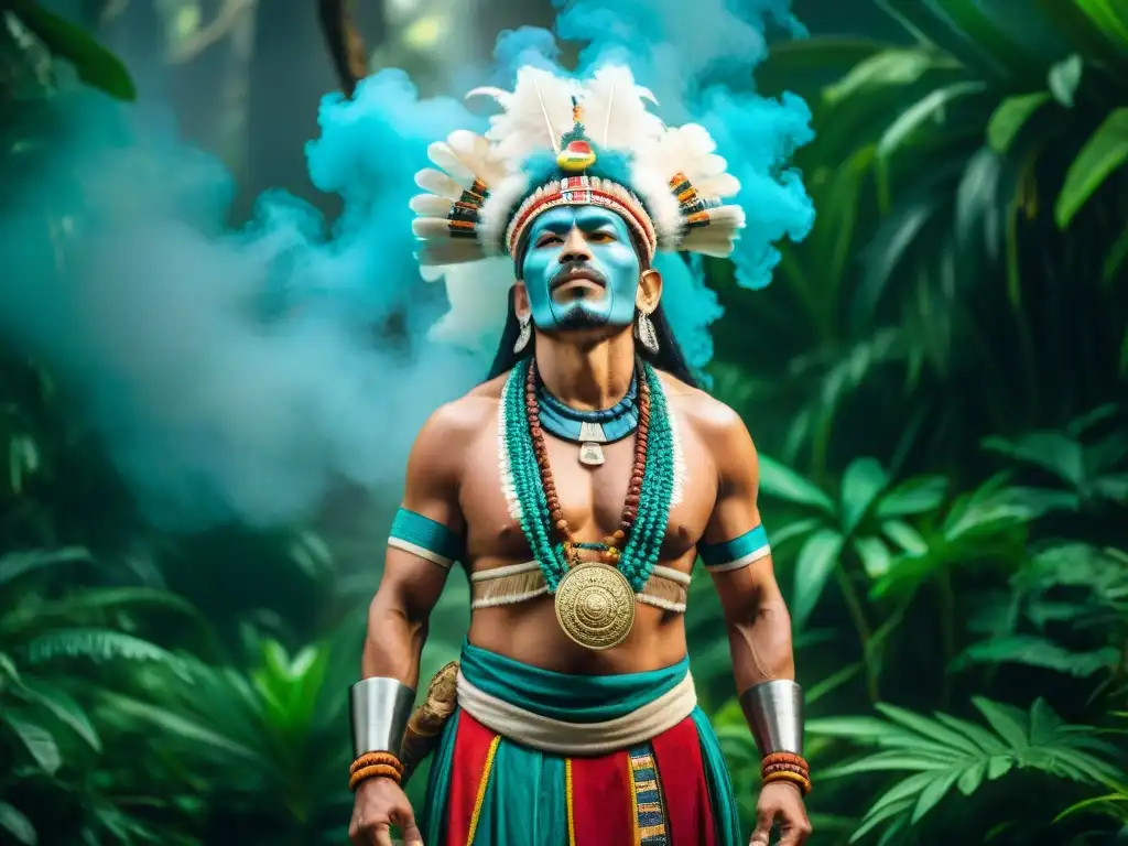 Un chamán maya realiza un ritual sagrado en la selva, evocando los Mitos de creación del Popol Vuh