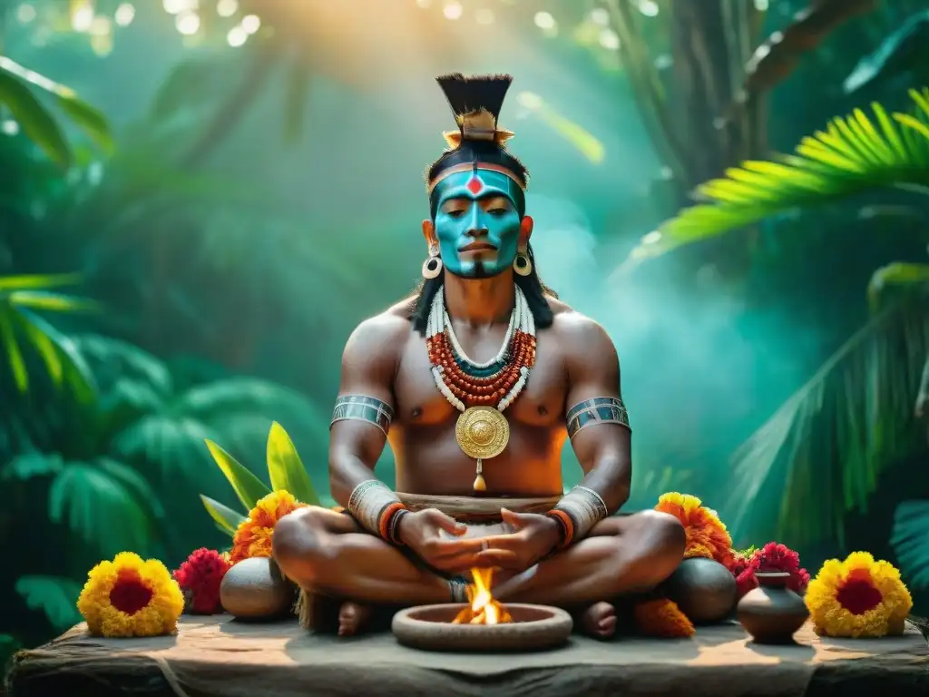 Un chamán maya realiza un ritual sagrado al amanecer en la selva, resaltando los Principios de la Filosofía Maya